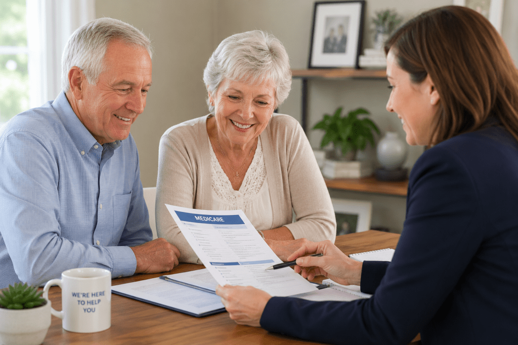 Senior couple reviewing Medicare and final expense coverage options with advisor